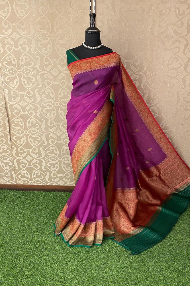 Purple Kora Banarasi Silk Saree With Hand Weaving Work, With Unstiched Blouse