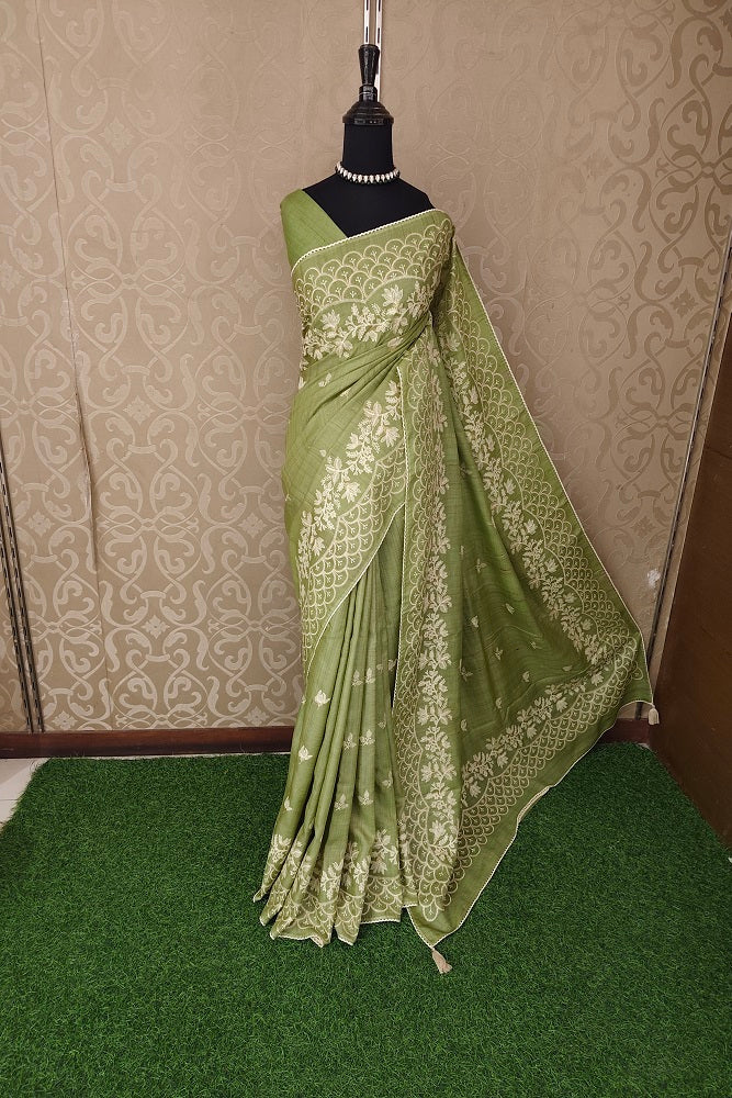 Pista Green Tussar Resham Embroidery Saree, With Unstitched Blouse
