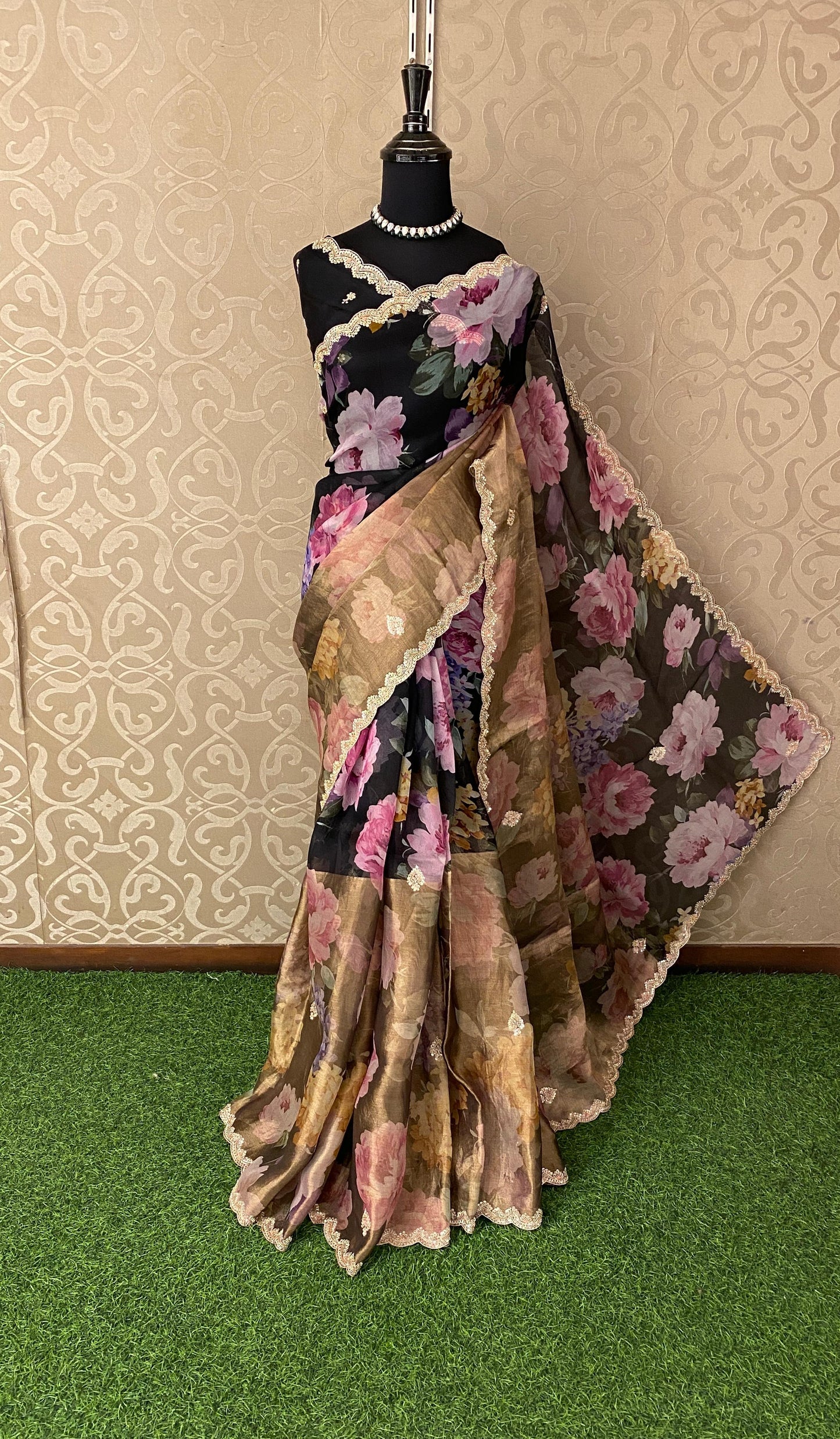 Black Floral Printed Tissue Silk Saree, With Unstiched Blouse