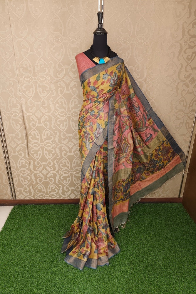 Mustard Yellow Tussar Kalamkari Printed Work Saree, With Unstiched Blouse