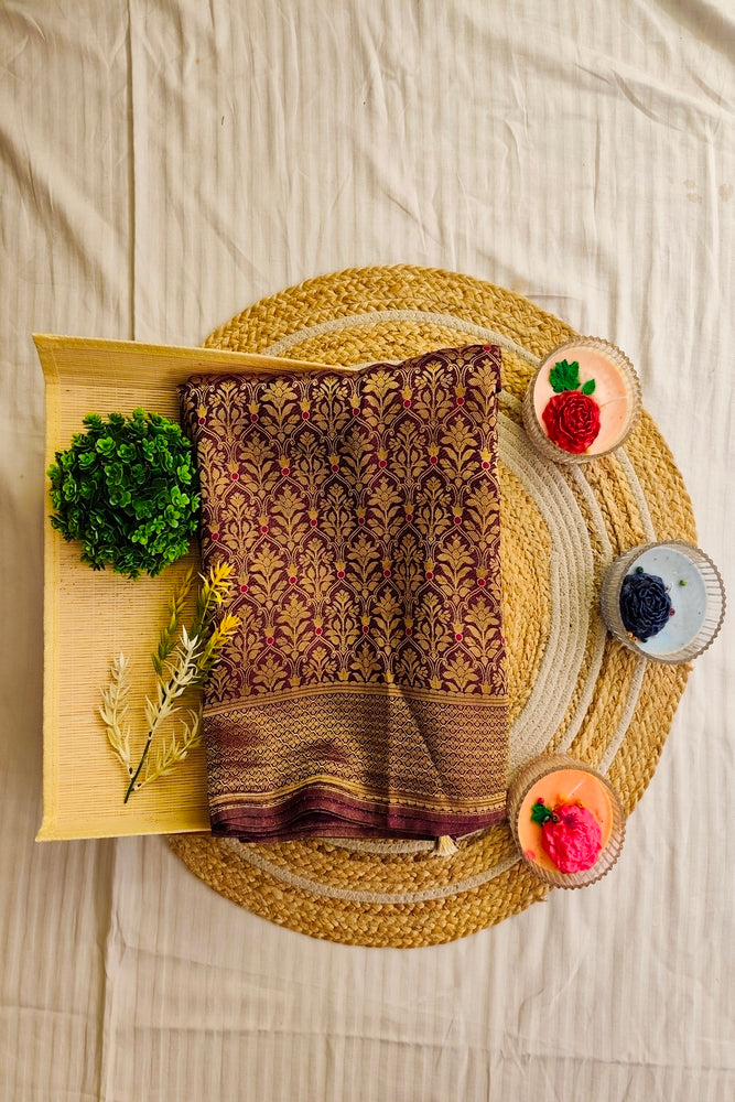 Purple Semi Minakari Brocade Silk Saree, With Unstiched Blouse
