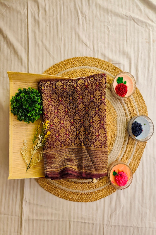 Purple Semi Minakari Brocade Silk Saree, With Unstiched Blouse
