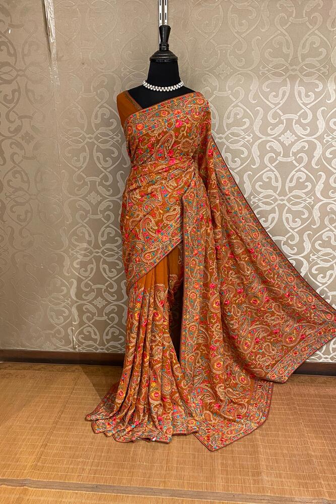 Saffron Georgette Saree With Kashmiri Work, With Unstiched Blouse