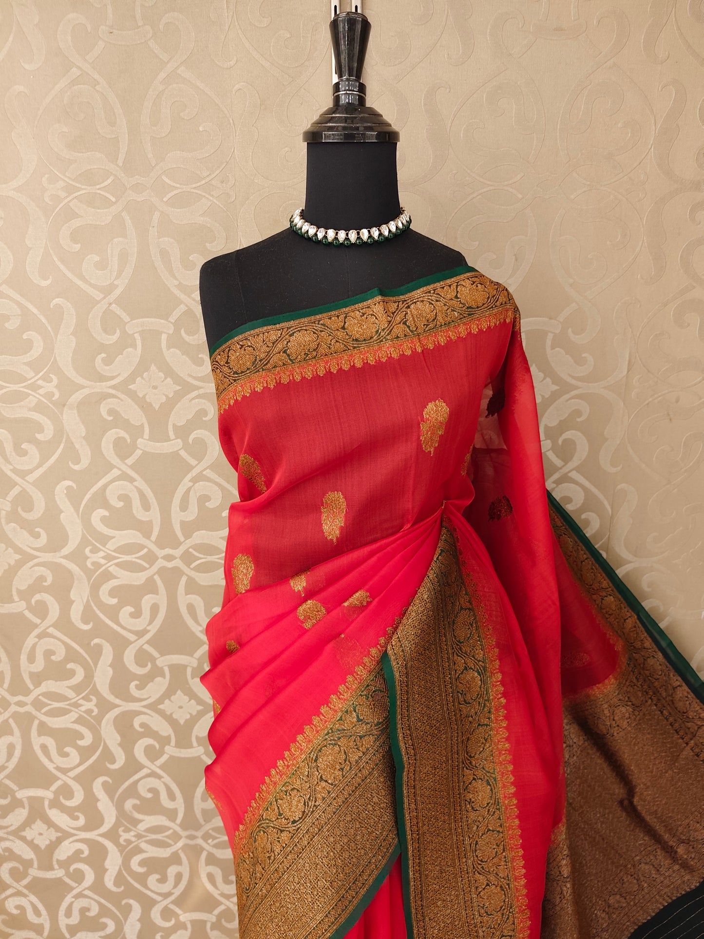 Red Kora Banarasi Silk Saree, With Unstiched Blouse