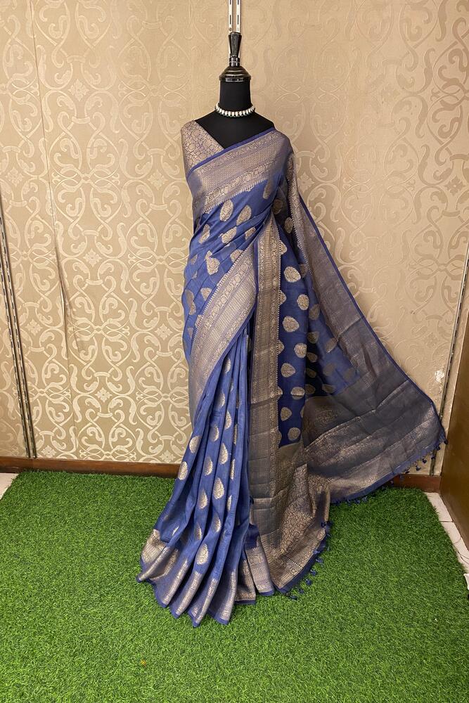 Deep Blue Linen Banarasi Saree With Unstiched Blouse