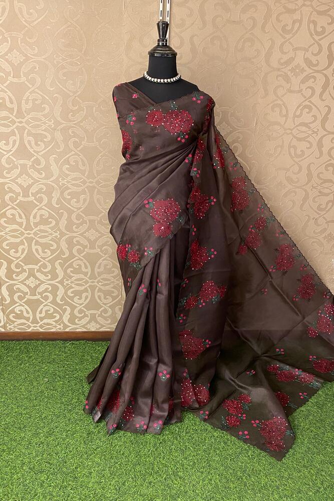 Dark Brown Organza Silk Embroidery Saree, With Unstiched Blouse