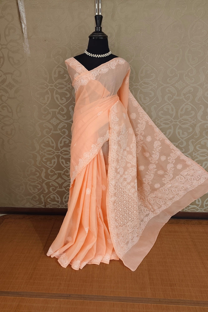 Peach Cotton Saree With Chikankari Embroidery, Unstitched Blouse