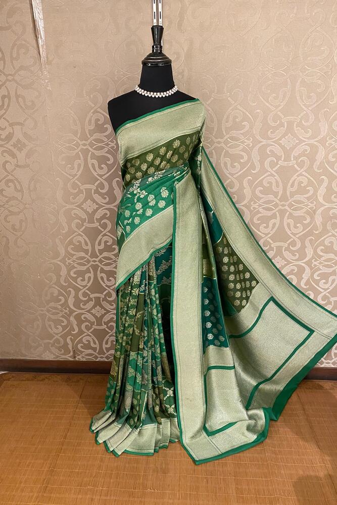 Deep & Light Green Rangkat Munga Banarasi Silk Saree, With Unstiched Blouse