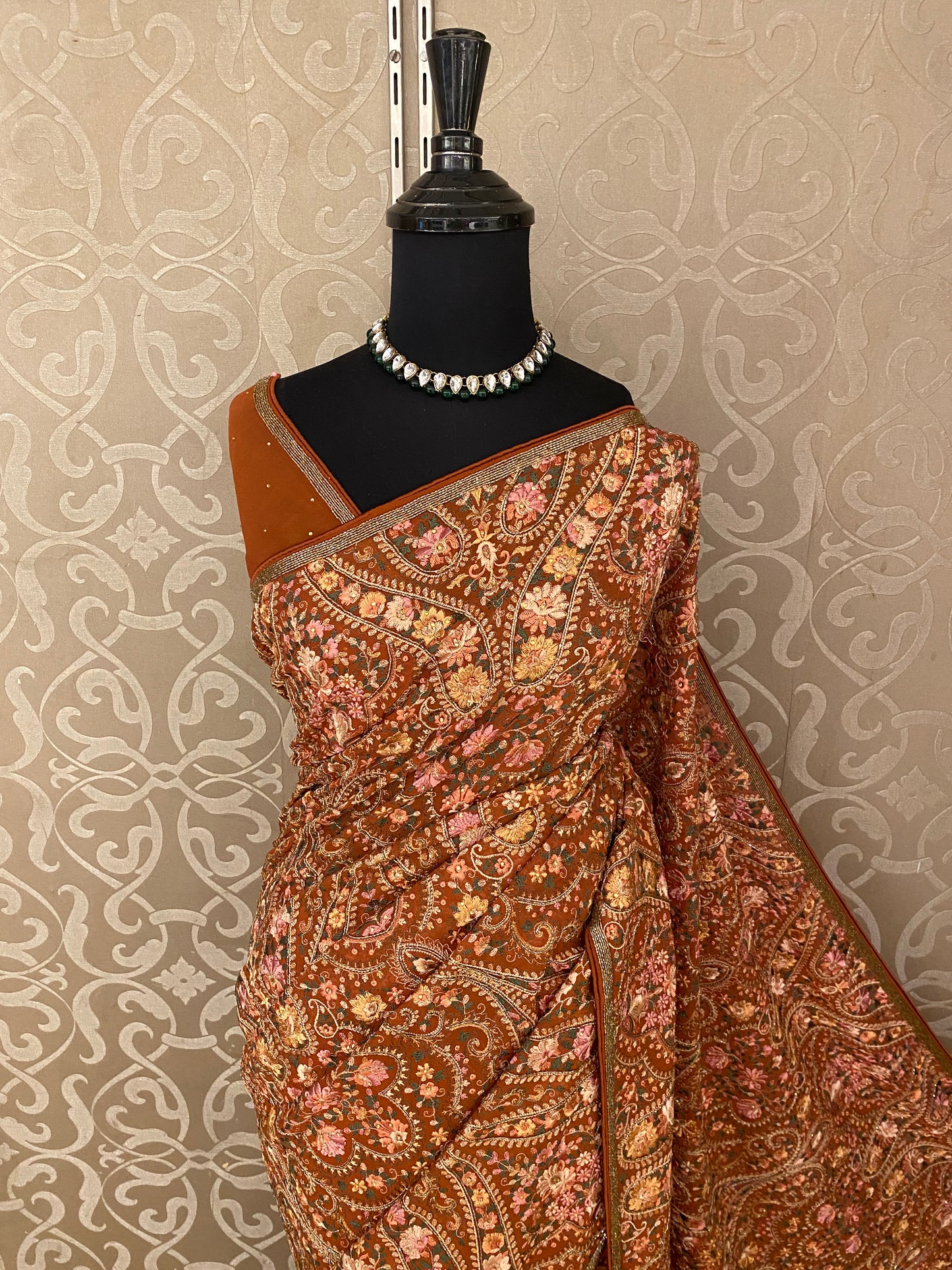 Dusty Orange Georgette Saree With Kashmiri Embroidery Work, With Unstiched Blouse