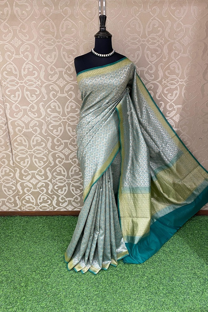 Grey & Green Brocade Chanderi Silk With Unstiched Blouse