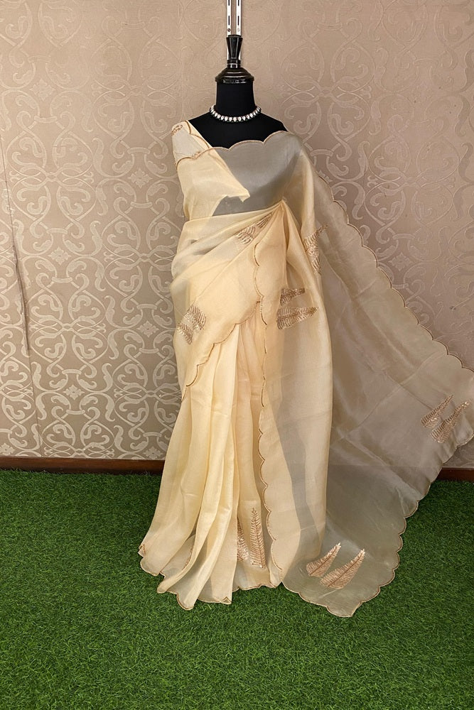 Off-White Organza Silk Embroidery Saree, With Unstiched Blouse