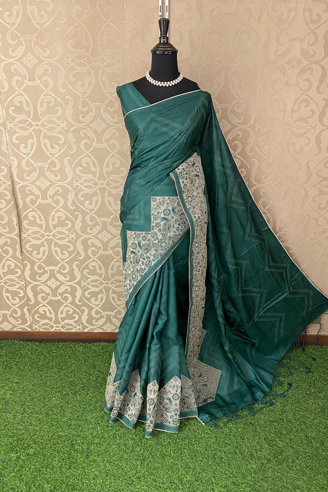 Deep Green Tussar Saree With Organza Applique Work, With Unstiched Blouse