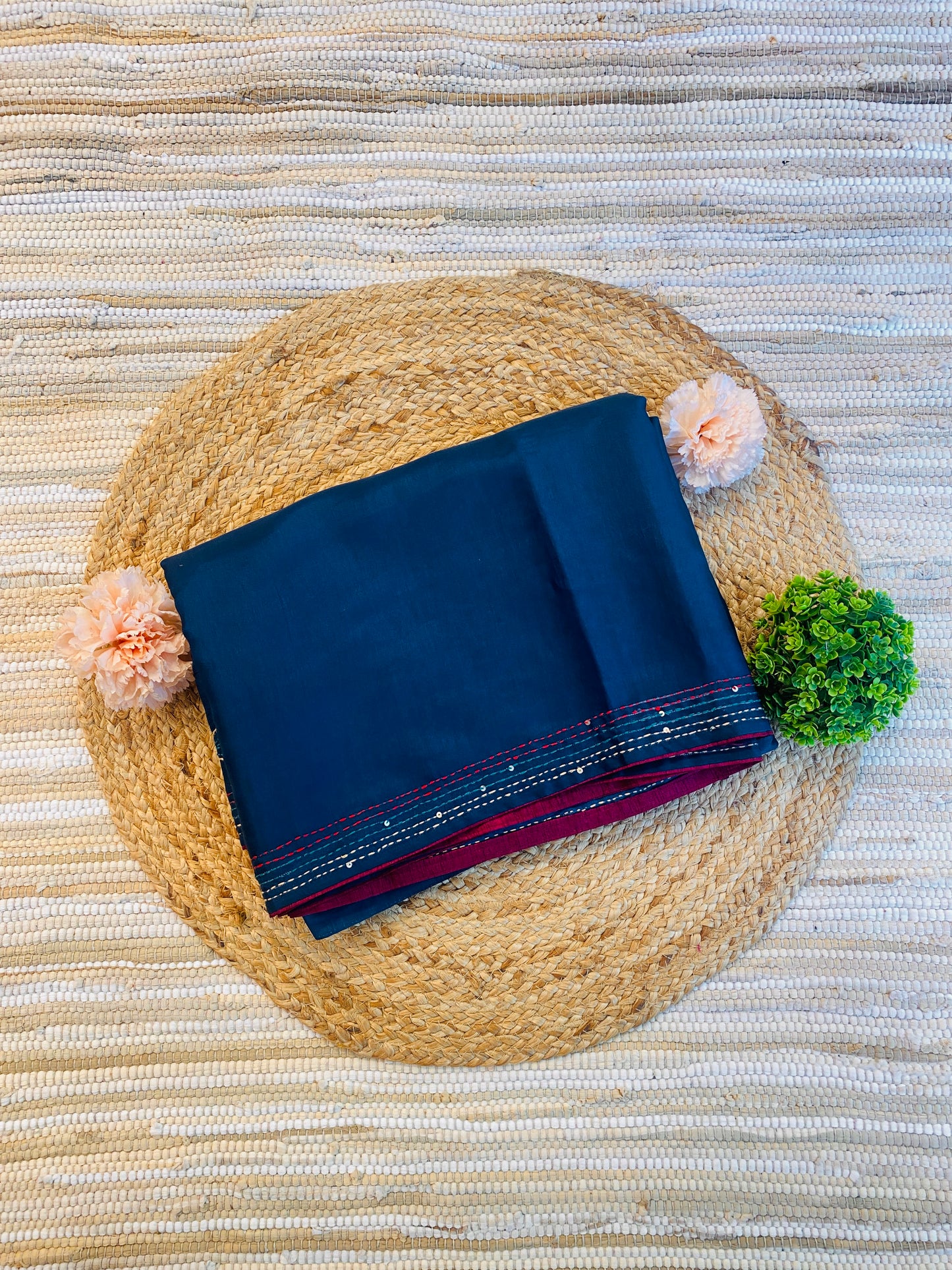Navy Blue Semi Munga Silk French Knot Hand Embroidery Work Saree, With Unstiched Blouse