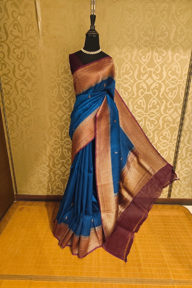 Royal Blue Kora Banarasi Silk Saree, With Unstiched Blouse