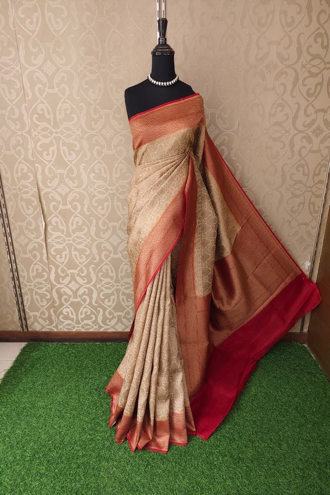 Beige Brocade Kora Banarasi Silk Saree, With Unstiched Blouse
