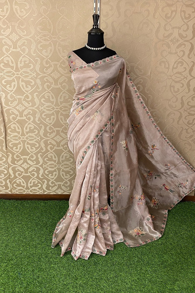 Grey Tissue With Aari Work Saree, With Unstiched Blouse