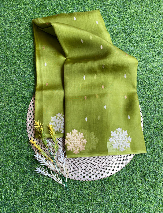 Green Kora Banarasi Silk Saree, With Unstiched Blouse