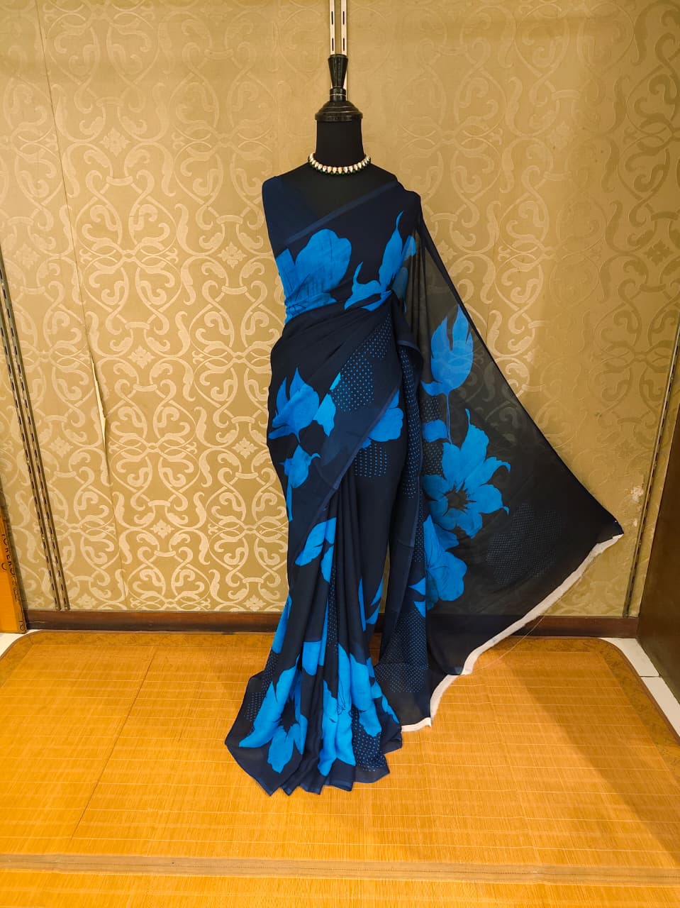 Black Floral Printed Chiffon Saree, With Unstiched Blouse Piece