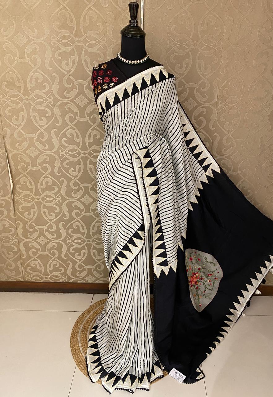 White & Black Stripe Munga Silk Saree With Hand Embroidery Work, With Unstiched Blouse