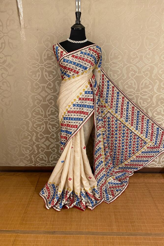 Off-White Tussar Embroidery Saree With Kathiawari Work Border, With Unstitched Blouse