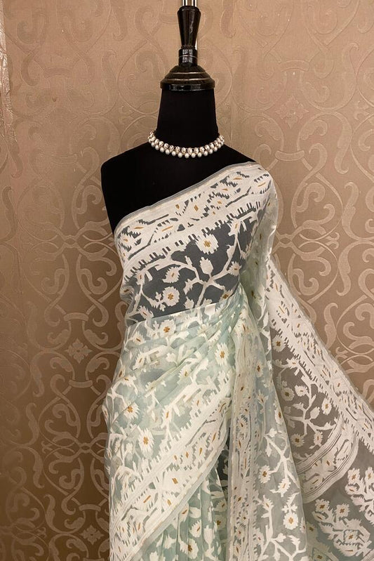 Light Blue Muslin Jamdani Saree, With Unstiched Blouse