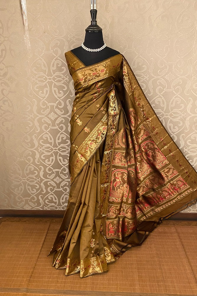 Golden Brown Hand Woven Baluchari Silk Saree, With Untiched Blouse