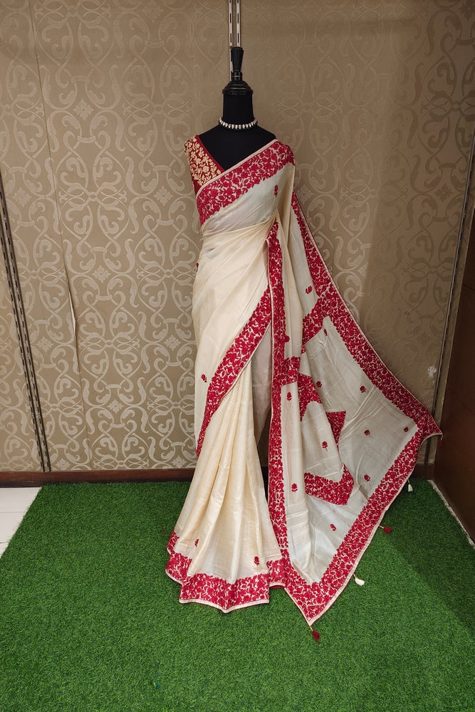 Off-White Tussar Hand Parsi Work Saree, With Unstiched Blouse