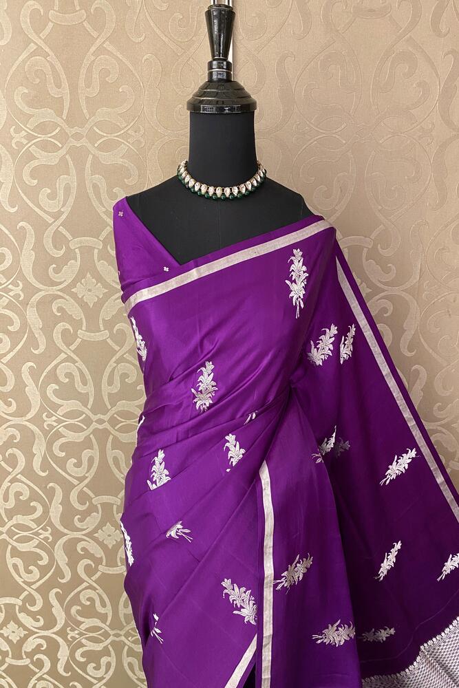 Deep Purple Mashru Silk Banarasi Handloom Saree, With Unstiched Blouse