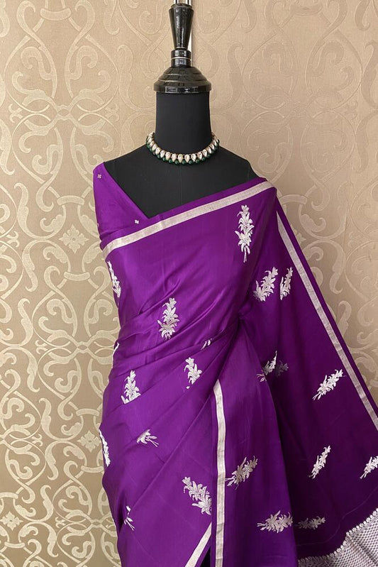 Deep Purple Mashru Silk Banarasi Handloom Saree, With Unstiched Blouse