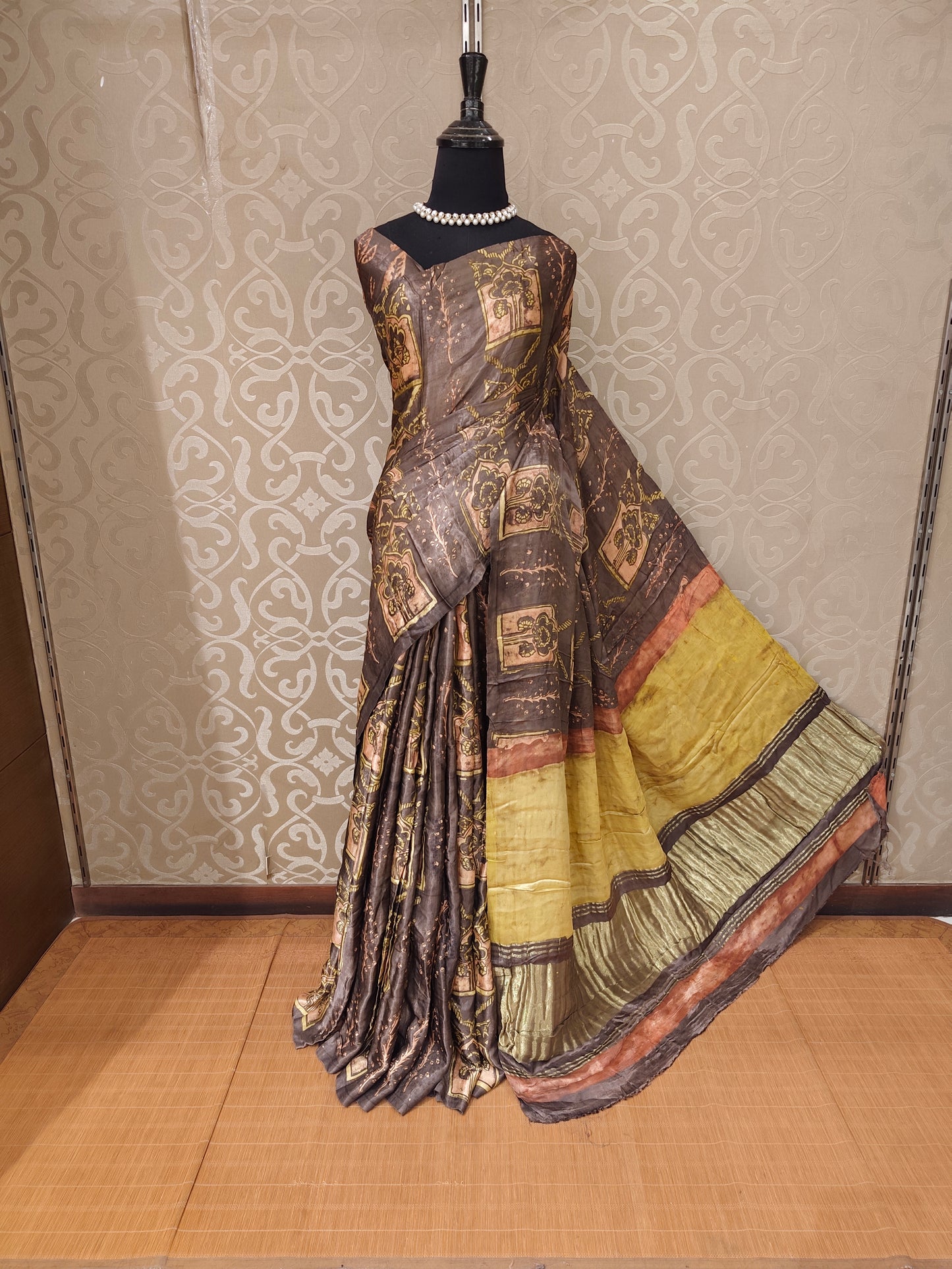 Brown Pure Modal Silk Ajrakh Printed Saree With Unstich Blouse