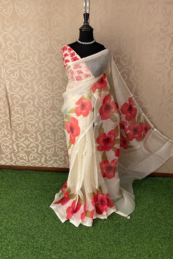 White & Red Floral Printed Organza Saree, With Unstiched Blouse