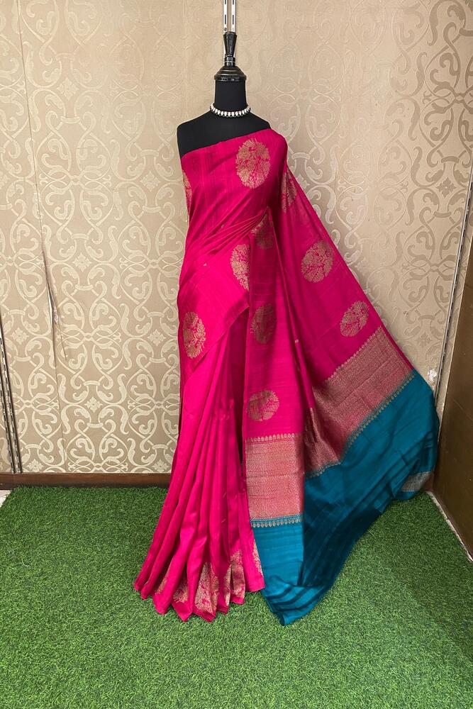 Magenta Pure Raw Tussar Banarasi Silk Saree, Hand Woven Motifs With Unstiched Blouse