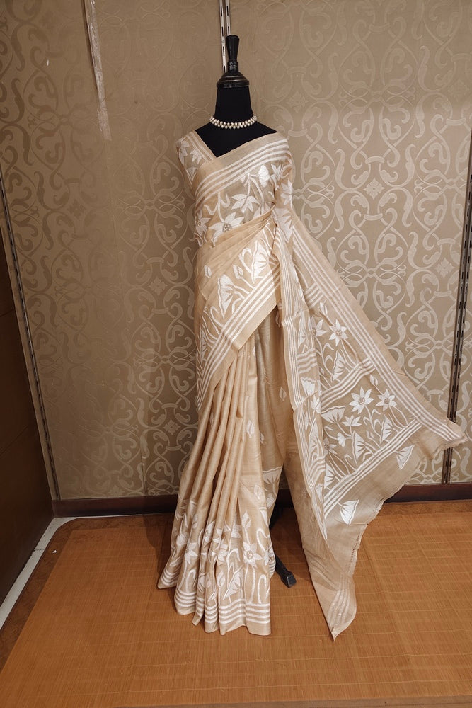 Beige Tussar Embroidery Saree With Kantha Work Border, With Unstitched Blouse