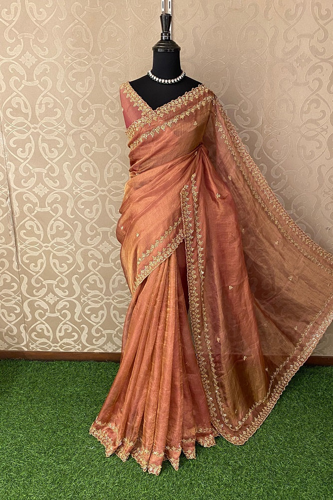 Red Tissue Embroidery Saree, With Unstiched Blouse