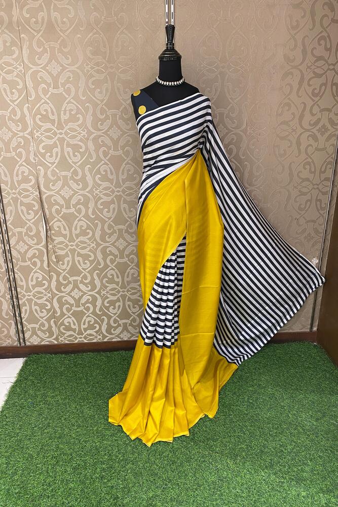 Zebra & Mustard Yellow Katan Mashru Silk Banarasi Handloom Saree, With Unstiched Blouse