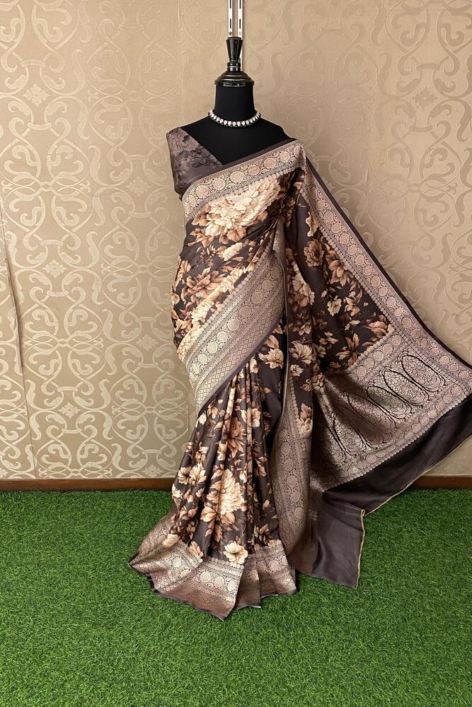 Deep Brown Mashru Silk Printed Banarasi Handloom Saree, With Unstiched Blouse