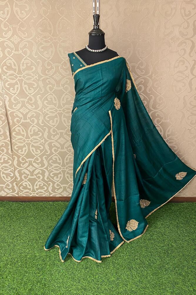 Bottle Green Tussar Zardosi Work Saree, With Unstiched Blouse
