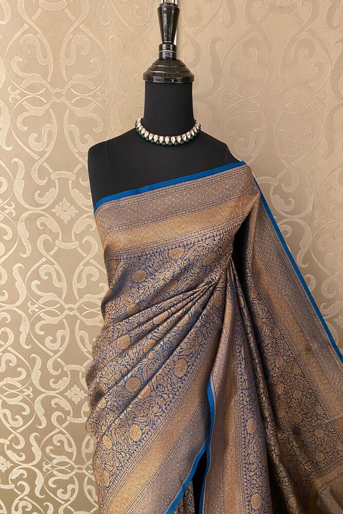 Blue Brocade Kora Banarasi Silk Saree, With Unstiched Blouse