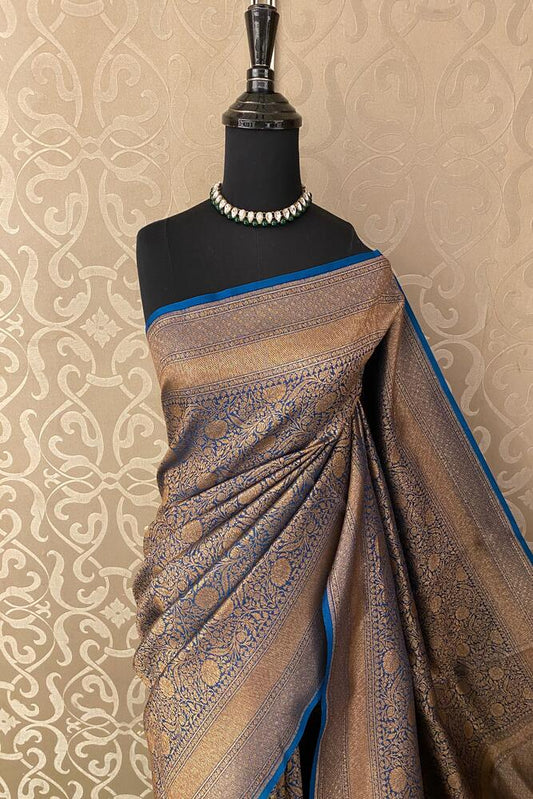 Blue Brocade Kora Banarasi Silk Saree, With Unstiched Blouse