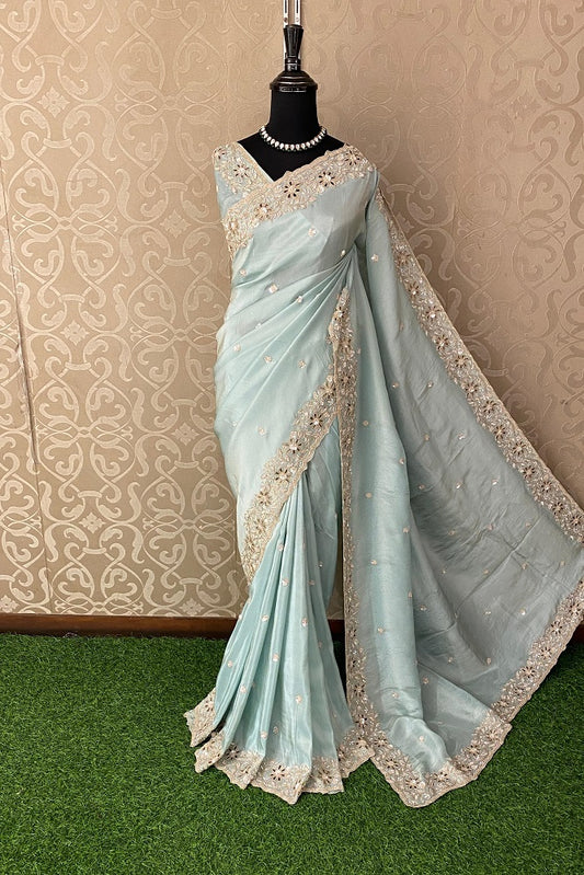 Sky Crepe Tissue Cutwork Saree, With Unstitched Blouse