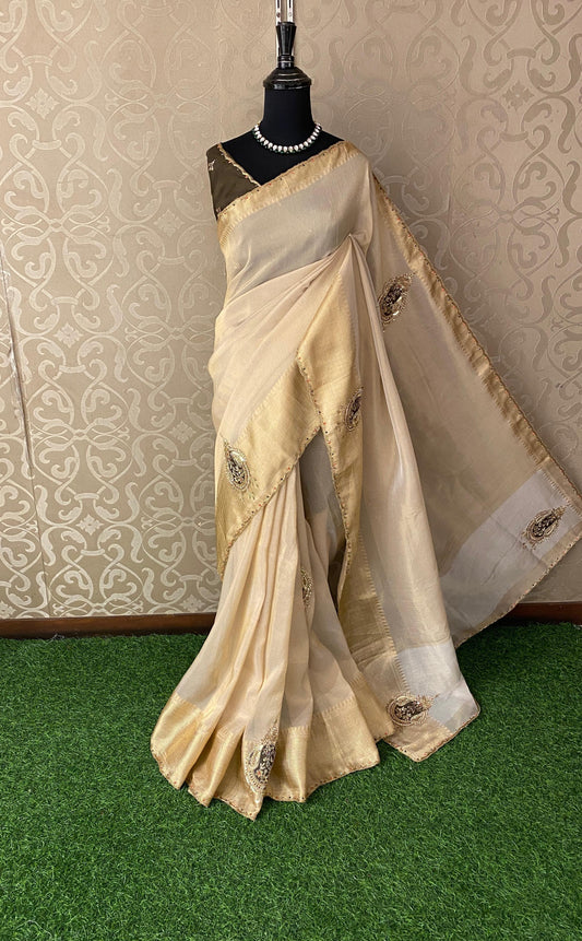 Offwhite Tissue Silk Embroidery Saree, With Unstiched Blouse