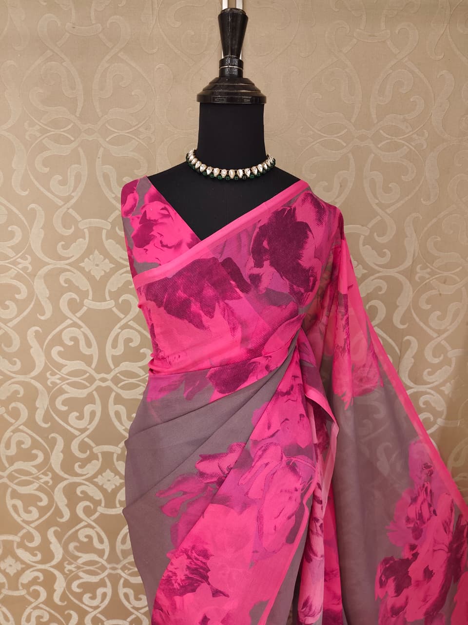 Brown & Pink Floral Printed Chiffon Saree, With Unstiched Blouse Piece
