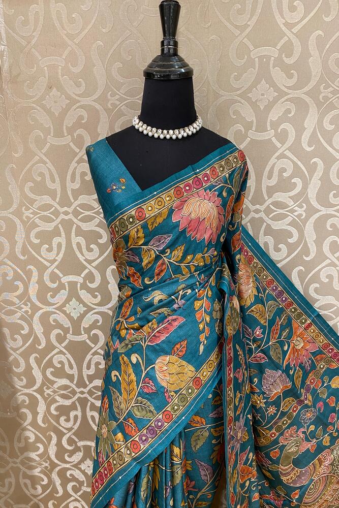 Multi & Blue Tussar Kalamkari Aari Work Saree, With Unstiched Blouse