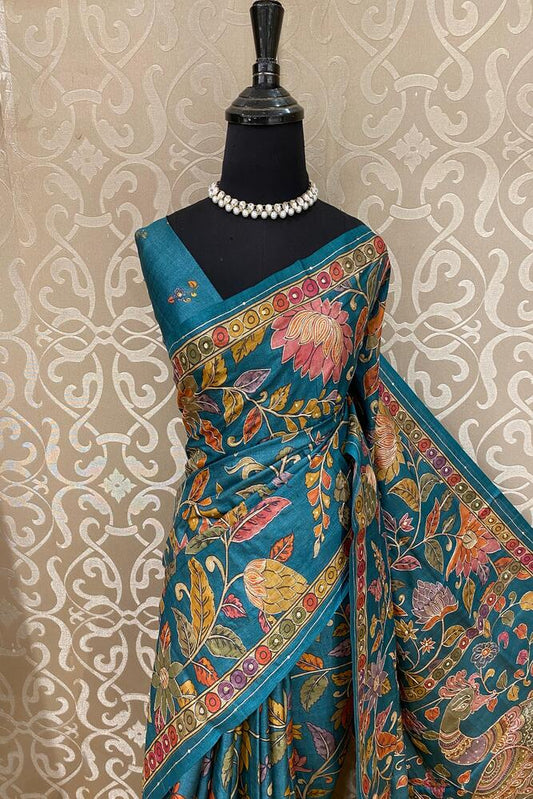 Multi & Blue Tussar Kalamkari Aari Work Saree, With Unstiched Blouse