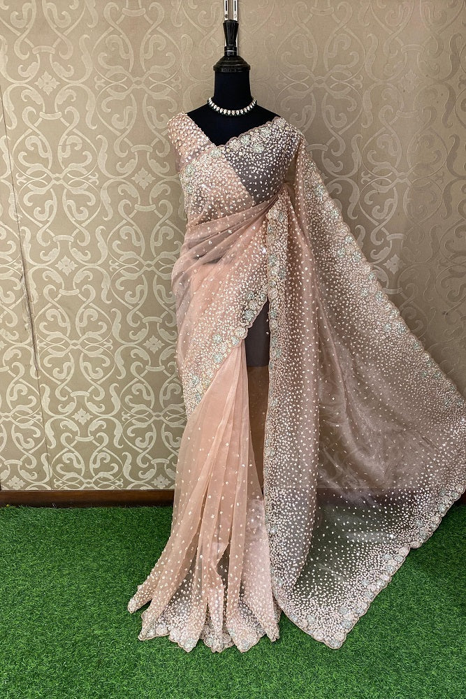 Peach Organza Silk Saree With Sequence Work, With Unstiched Blouse
