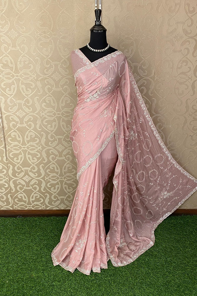 Pink Crepe Silk Saree With Embroidery Work, With Unstitched Blouse