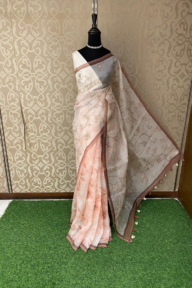 Off-White & Pink Organza Silk Embroidery Saree, With Unstiched Blouse