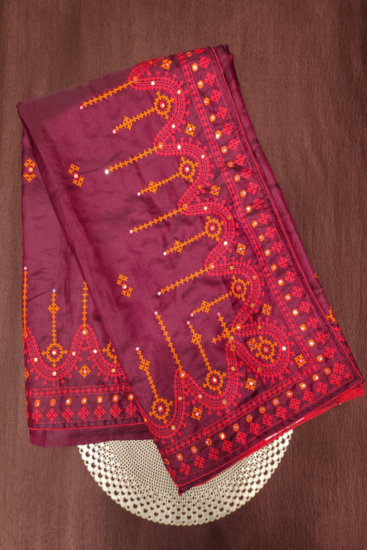 Deep Purple Semi Munga Silk Cutch Work Embroidery Work Saree, With Unstiched Blouse