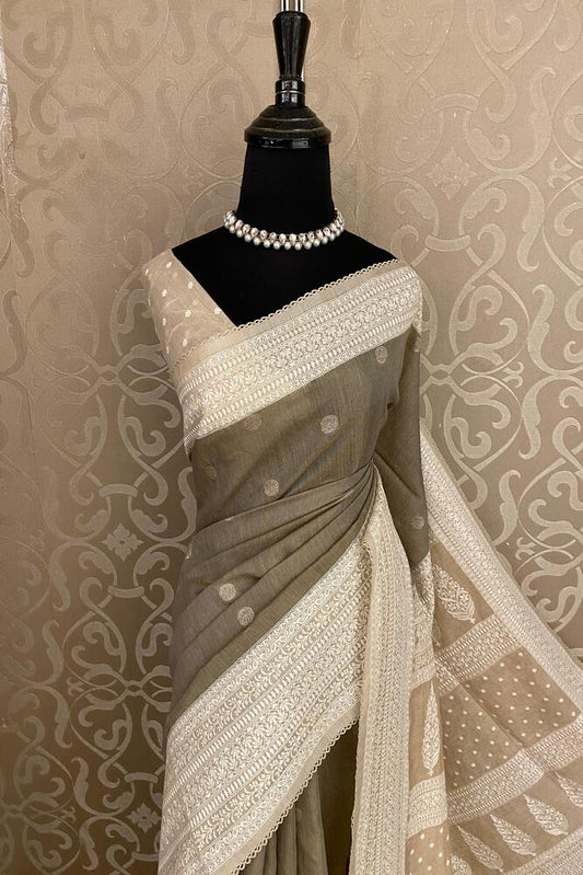 Grey Munga Handloom Saree With Chikankari Work, With Unstiched Blouse