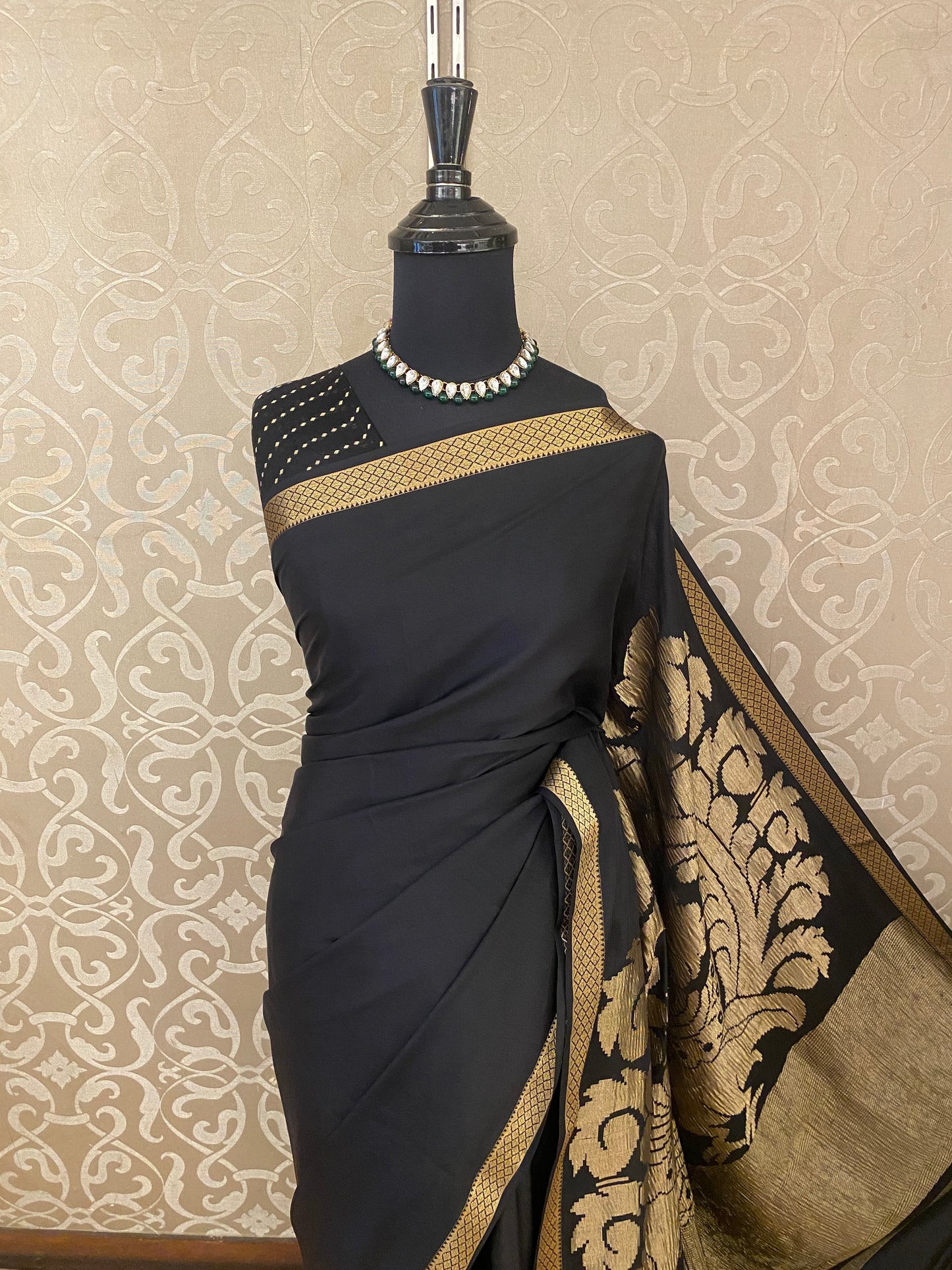 Black Mysore Crepe Silk Banarasi Saree, With Unstiched Blouse